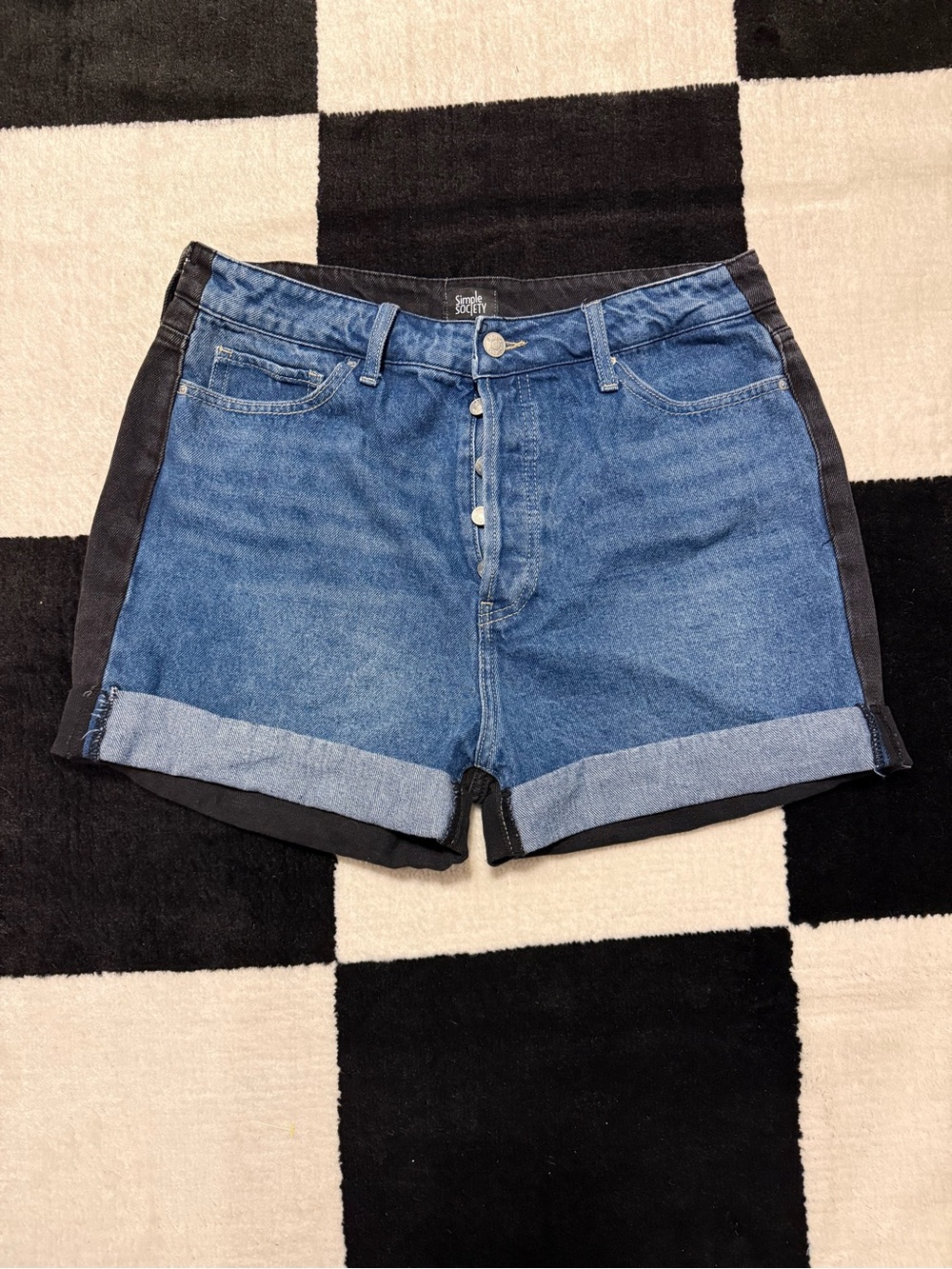 Simple Society Denim Two-Tone Roll-Cuff Shorts - Blue/Black